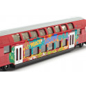 Tren de dos pisos SIKU escala 1:87 de metal y plástico con grafitis detallados para juego y coleccionismo.