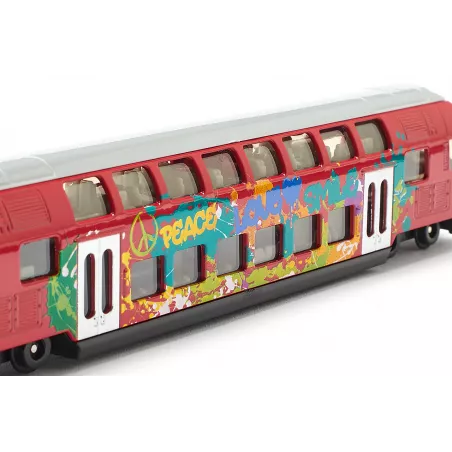 Tren de dos pisos SIKU escala 1:87 de metal y plástico con grafitis detallados para juego y coleccionismo.
