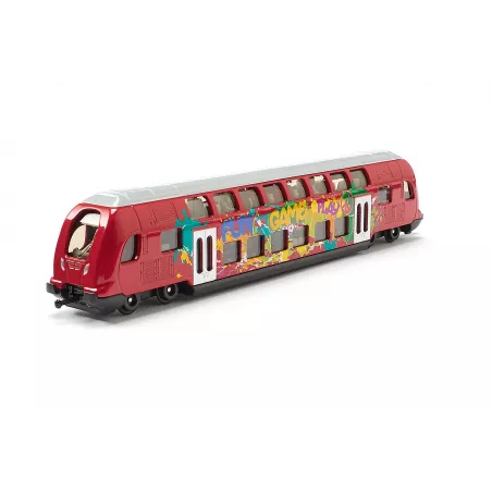 Tren de dos pisos SIKU escala 1:87 de metal y plástico con grafitis detallados para juego y coleccionismo.