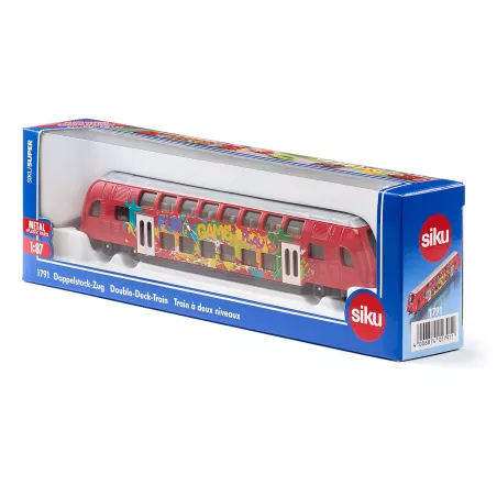 Tren de dos pisos SIKU escala 1:87 de metal y plástico con grafitis detallados para juego y coleccionismo.