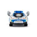 Coche de policía de juguete BMW i8 a escala 1:50 con puertas que se abren y neumáticos cambiables.