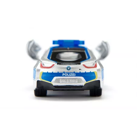 Coche de policía de juguete BMW i8 a escala 1:50 con puertas que se abren y neumáticos cambiables.