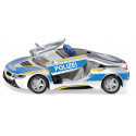 Coche de policía de juguete BMW i8 a escala 1:50 con puertas que se abren y neumáticos cambiables.
