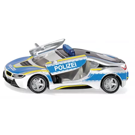 Coche de policía de juguete BMW i8 a escala 1:50 con puertas que se abren y neumáticos cambiables.