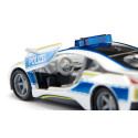 Coche de policía de juguete BMW i8 a escala 1:50 con puertas que se abren y neumáticos cambiables.