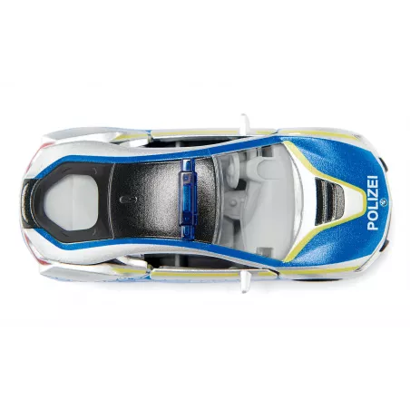 Coche de policía de juguete BMW i8 a escala 1:50 con puertas que se abren y neumáticos cambiables.