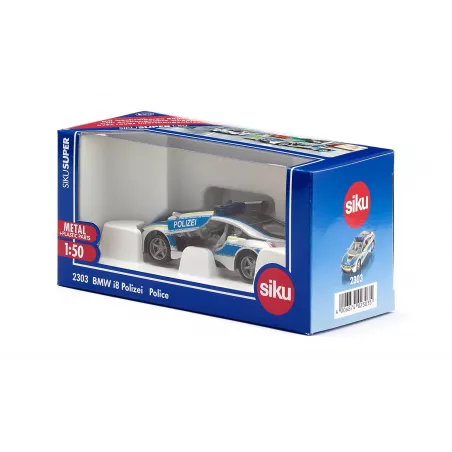 Coche de policía de juguete BMW i8 a escala 1:50 con puertas que se abren y neumáticos cambiables.