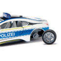 Coche de policía de juguete BMW i8 a escala 1:50 con puertas que se abren y neumáticos cambiables.
