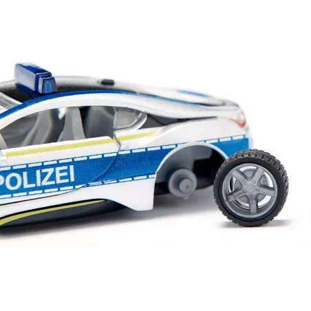 Coche de policía de juguete BMW i8 a escala 1:50 con puertas que se abren y neumáticos cambiables.