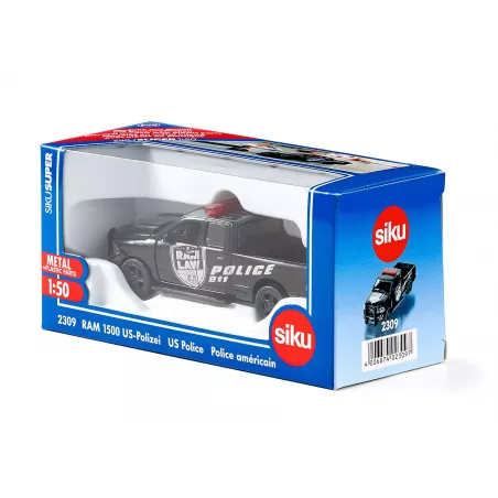 Coche de policía de juguete RAM 1500 a escala 1:50 con puertas que se abren y piezas de metal.