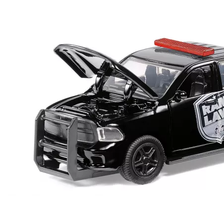 Coche de policía de juguete RAM 1500 a escala 1:50 con puertas que se abren y piezas de metal.