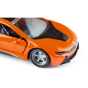 Miniatura de juguete BMW i8 LCI a escala 1:50 en metal y plástico con puertas que se abren y neumáticos cambiables.