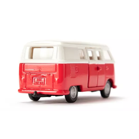 Autobús de juguete VW T1 a escala 1:50 de metal y plástico con puertas que se abren.