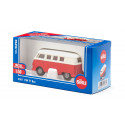 Autobús de juguete VW T1 a escala 1:50 de metal y plástico con puertas que se abren.