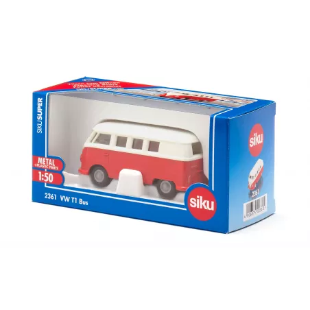 Autobús de juguete VW T1 a escala 1:50 de metal y plástico con puertas que se abren.