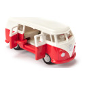 Autobús de juguete VW T1 a escala 1:50 de metal y plástico con puertas que se abren.