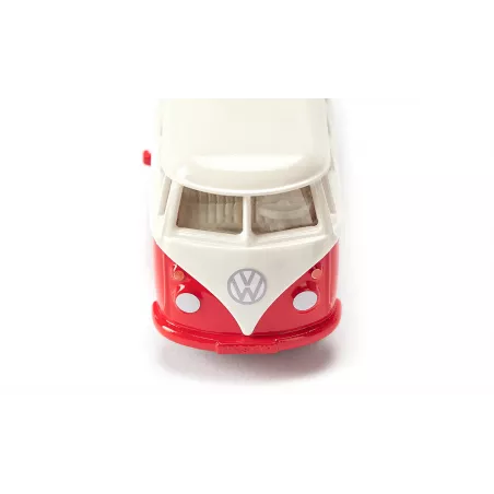 Autobús de juguete VW T1 a escala 1:50 de metal y plástico con puertas que se abren.