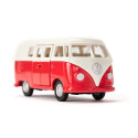 Autobús de juguete VW T1 a escala 1:50 de metal y plástico con puertas que se abren.