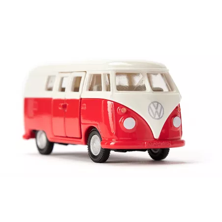 Autobús de juguete VW T1 a escala 1:50 de metal y plástico con puertas que se abren.