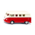 Autobús de juguete VW T1 a escala 1:50 de metal y plástico con puertas que se abren.