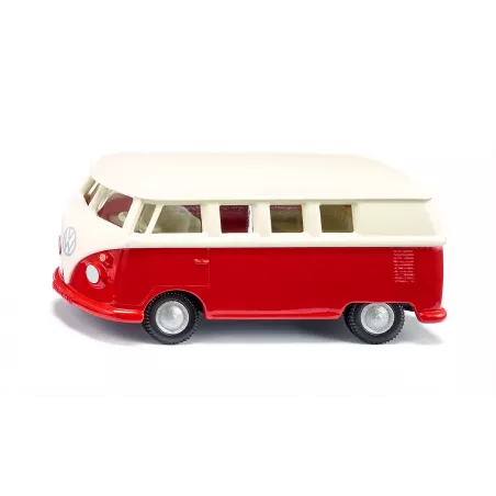Autobús de juguete VW T1 a escala 1:50 de metal y plástico con puertas que se abren.