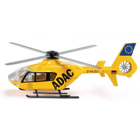 Helicóptero de rescate de juguete Siku con rotores móviles y compuerta trasera funcional.