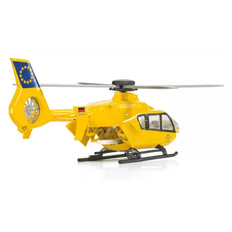 Helicóptero de rescate de juguete Siku con rotores móviles y compuerta trasera funcional.