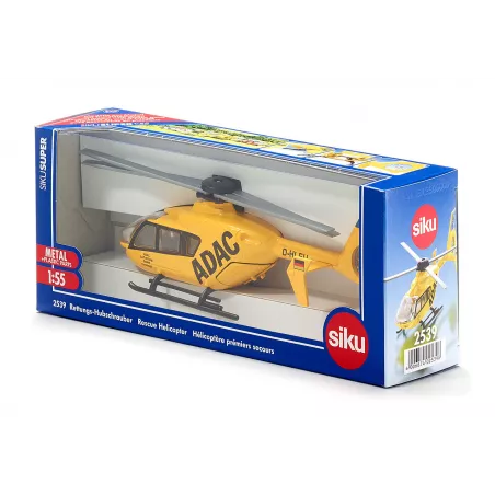 Helicóptero de rescate de juguete Siku con rotores móviles y compuerta trasera funcional.