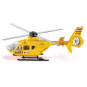 Helicóptero de rescate de juguete Siku con rotores móviles y compuerta trasera funcional.