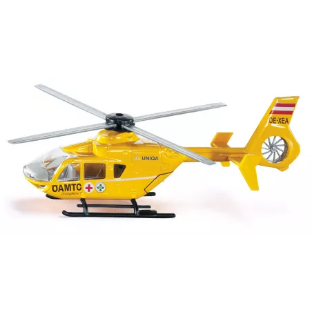Helicóptero de rescate de juguete Siku con rotores móviles y compuerta trasera funcional.