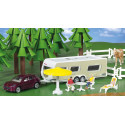 Coche Porsche Macan Turbo de juguete con caravana Dethleffs Siku en miniatura.