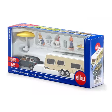 Coche Porsche Macan Turbo de juguete con caravana Dethleffs Siku en miniatura.
