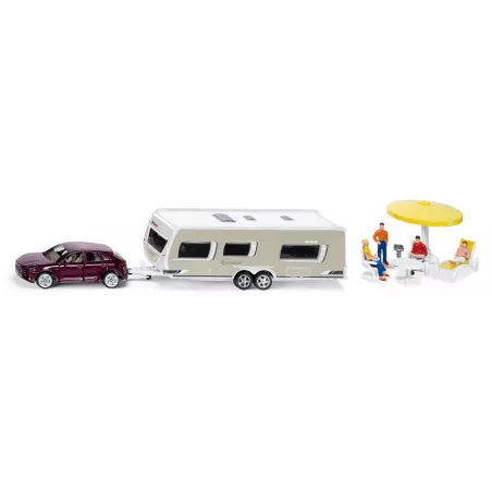 Coche Porsche Macan Turbo de juguete con caravana Dethleffs Siku en miniatura.