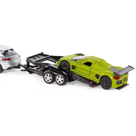 Porsche Cayenne Turbo con remolque de transporte y Porsche GT de juguete Siku 2544 a escala 1:55.