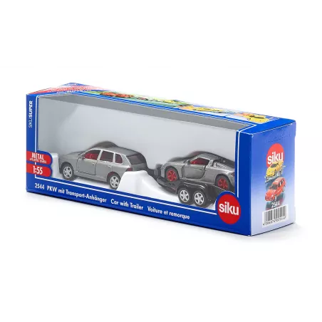 Porsche Cayenne Turbo con remolque de transporte y Porsche GT de juguete Siku 2544 a escala 1:55.