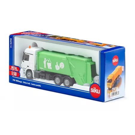 Camión de basura de juguete Mercedes Actros Siku escala 1:50 con cubo de basura