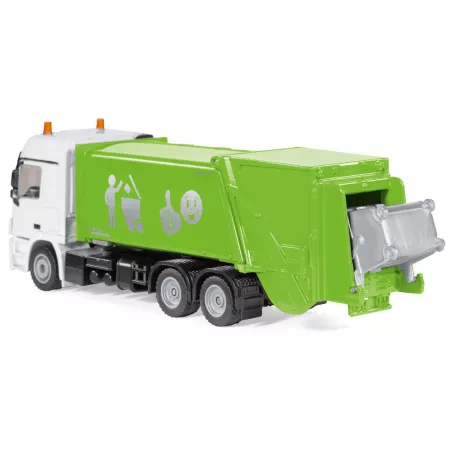 Camión de basura de juguete Mercedes Actros Siku escala 1:50 con cubo de basura