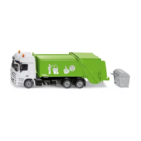 Camión de basura de juguete Mercedes Actros Siku escala 1:50 con cubo de basura
