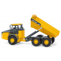 Dumper John Deere de juguete a escala 1:50 con volquete inclinable de metal y plástico.