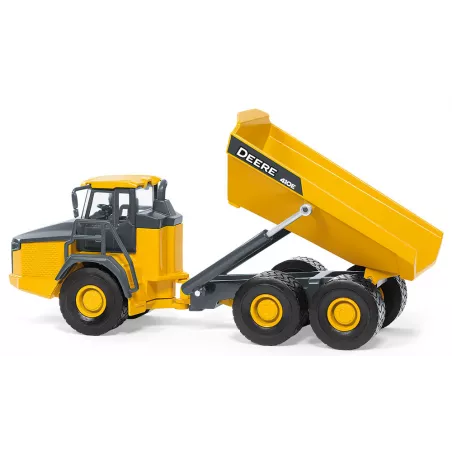 Dumper John Deere de juguete a escala 1:50 con volquete inclinable de metal y plástico.