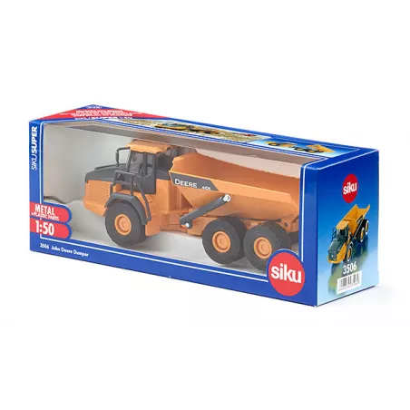 Dumper John Deere de juguete a escala 1:50 con volquete inclinable de metal y plástico.