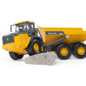 Dumper John Deere de juguete a escala 1:50 con volquete inclinable de metal y plástico.