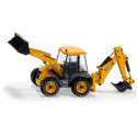 Juguete retroexcavadora JCB 4CX a escala 1:50 con pala y brazo móvil de metal y plástico.