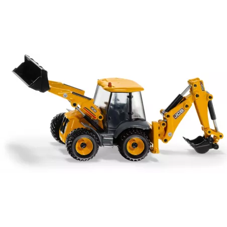 Juguete retroexcavadora JCB 4CX a escala 1:50 con pala y brazo móvil de metal y plástico.