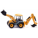 Juguete retroexcavadora JCB 4CX a escala 1:50 con pala y brazo móvil de metal y plástico.