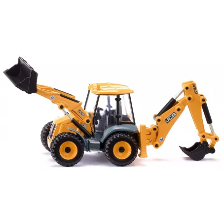 Juguete retroexcavadora JCB 4CX a escala 1:50 con pala y brazo móvil de metal y plástico.
