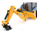 Juguete retroexcavadora JCB 4CX a escala 1:50 con pala y brazo móvil de metal y plástico.