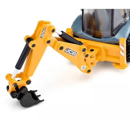 Juguete retroexcavadora JCB 4CX a escala 1:50 con pala y brazo móvil de metal y plástico.