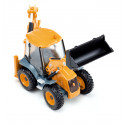 Juguete retroexcavadora JCB 4CX a escala 1:50 con pala y brazo móvil de metal y plástico.