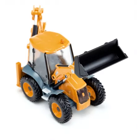 Juguete retroexcavadora JCB 4CX a escala 1:50 con pala y brazo móvil de metal y plástico.